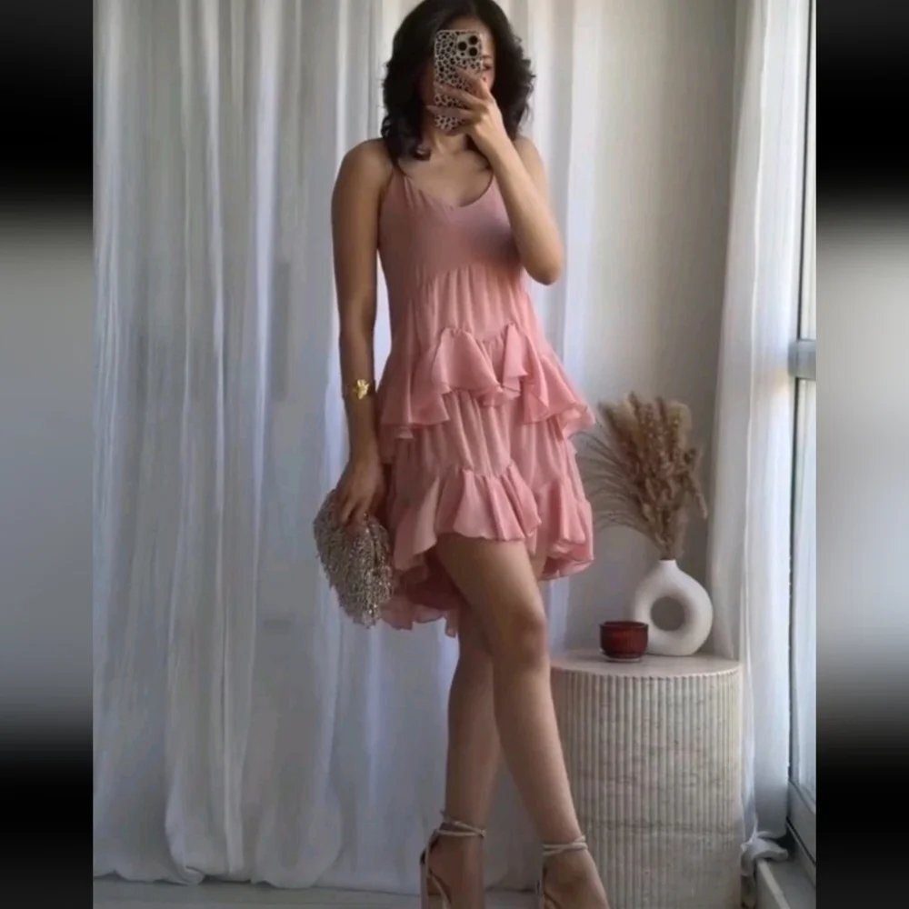 Zara Collection Short Ruffled Dress in Salmon Size XS Blogger Fave High Low - Picture 4 of 13